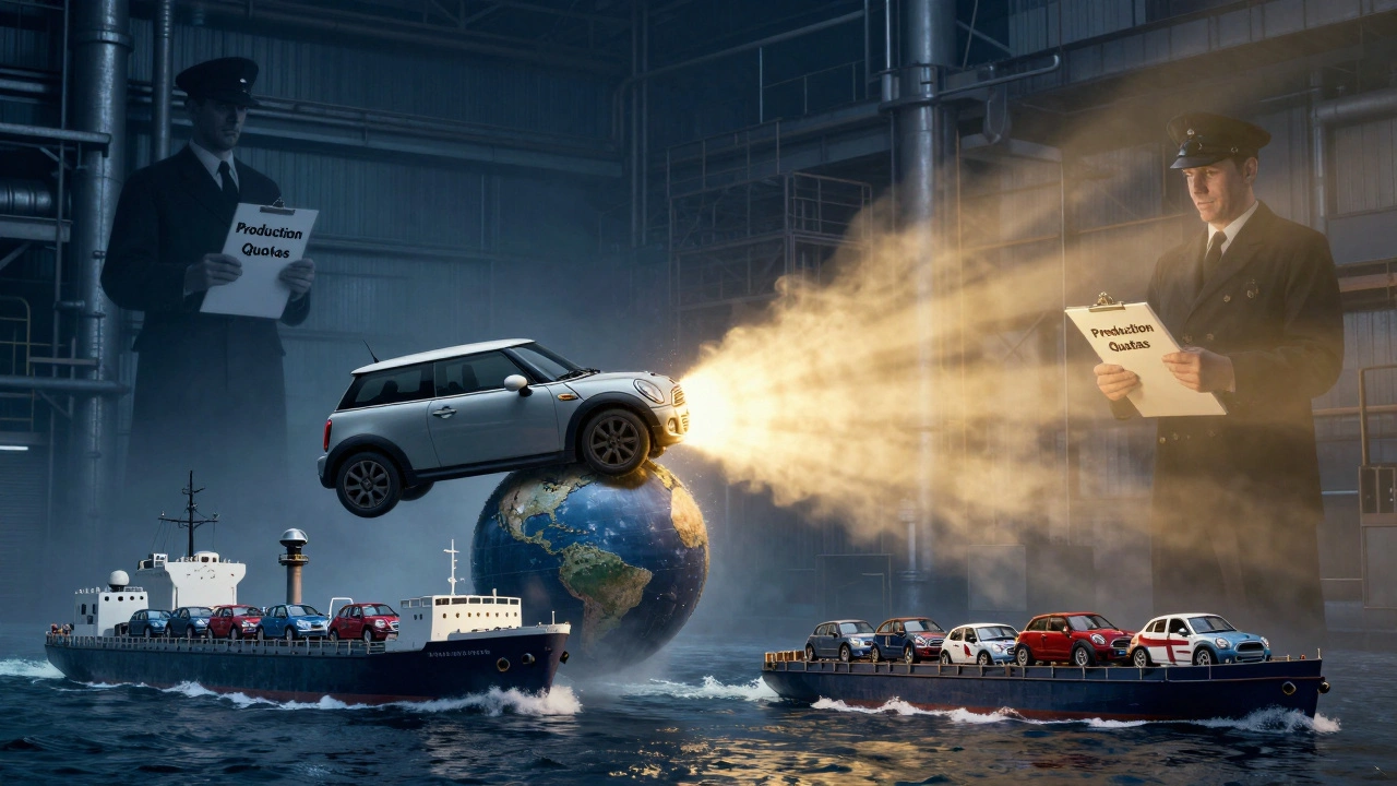 Steel ingot transforming into a Mini Cooper, symbolizing Britain's postwar auto export boom.