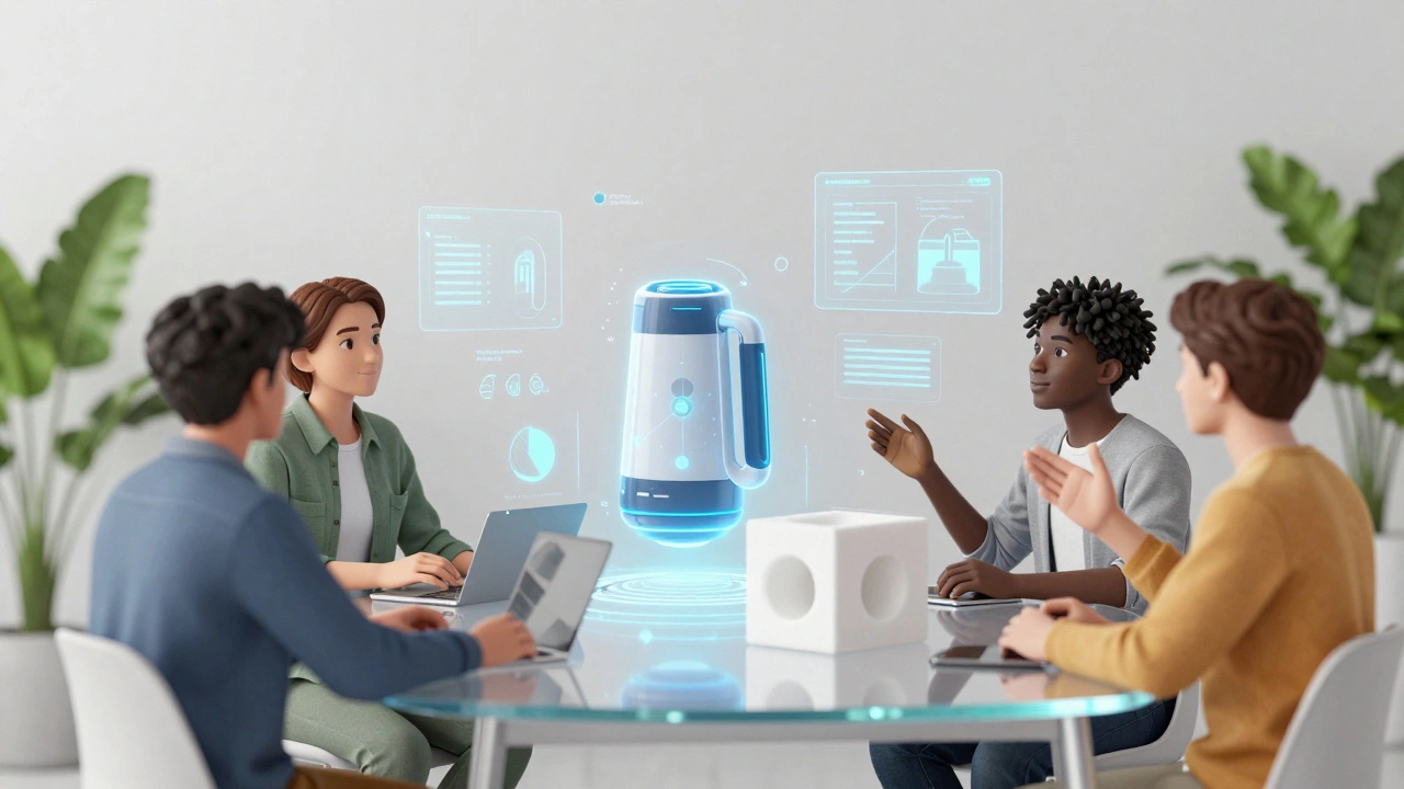 Students collaborating on holographic digital twins and physical prototypes