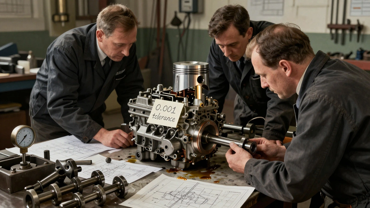 Sunbeam engineers examining a dismantled race engine in their workshop, surrounded by tools and blueprints.