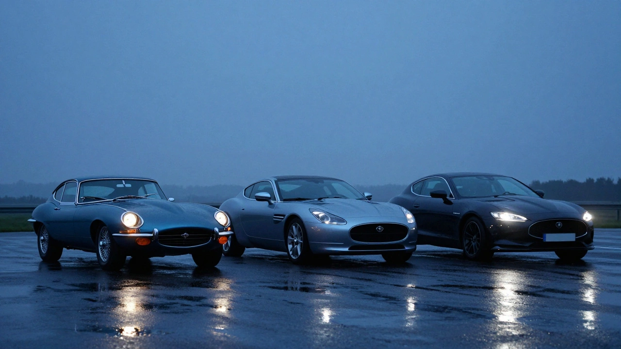 Three iconic British cars side by side at twilight, showing timeless design through stance and surfacing.