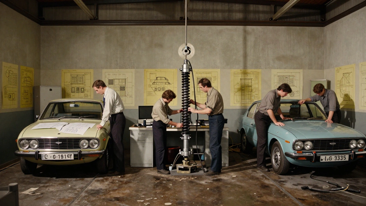 Three isolated departments in a 1970s factory — designers, workers, and inspectors — each working without communication.