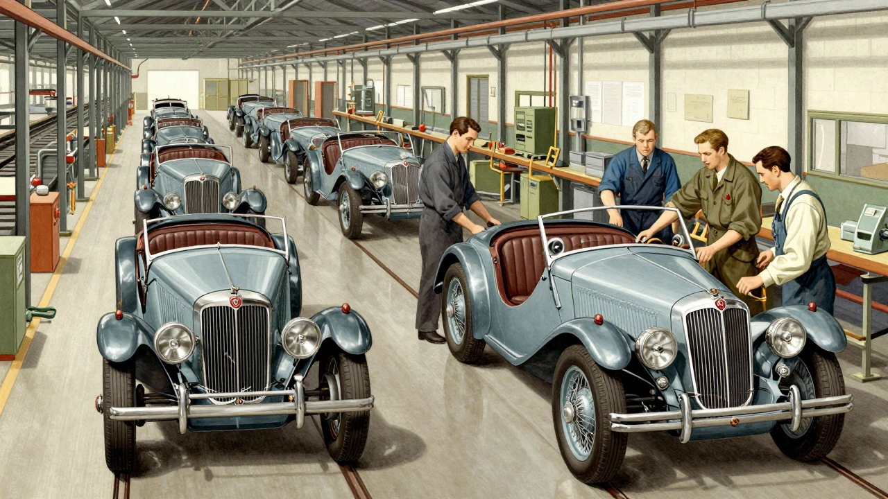 Two parallel assembly lines in a 1930s British factory: Morris cars on one side, MG modifications on the other.