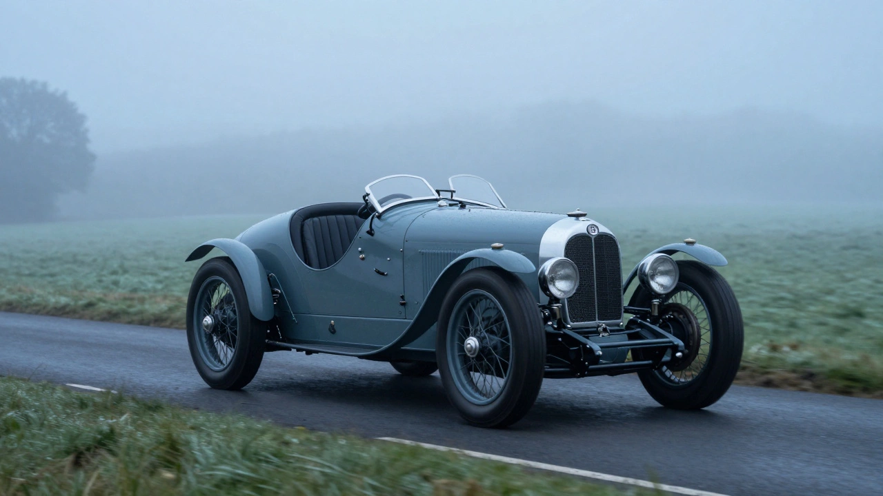 A 1920s British sports car driving through a misty English countryside at dawn.