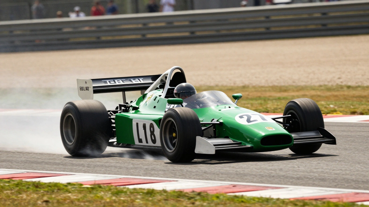 A classic green Lotus 49 race car speeding on a sunny professional racing track.