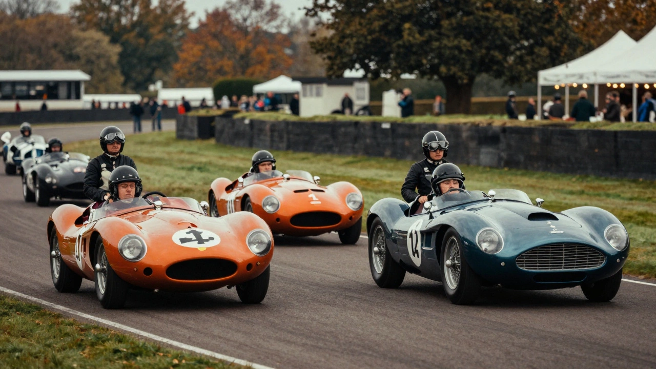 A collection of classic British racing cars and drivers in period attire at Goodwood.