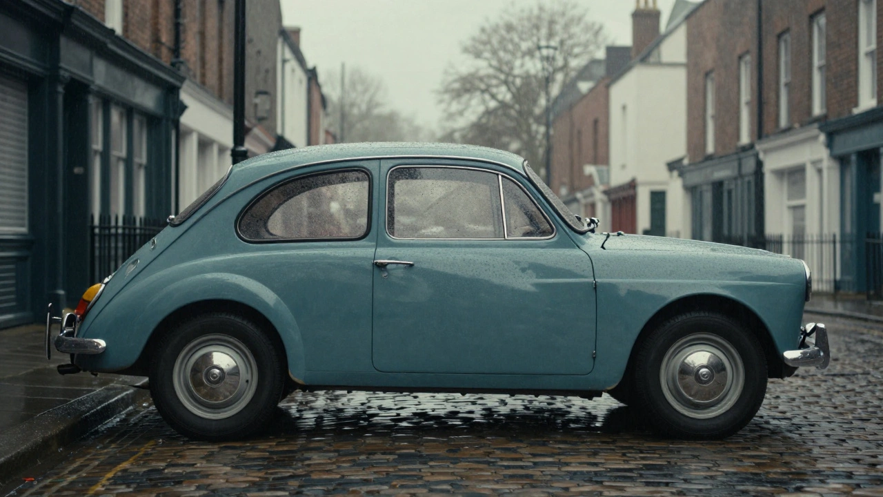 A compact mid-century British family car parked on a rainy Birmingham street