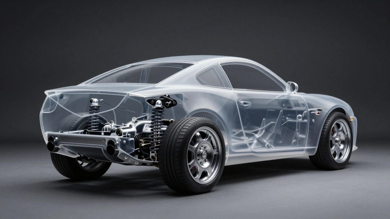 A conceptual view of a Rover P6 chassis highlighting the de Dion tube rear suspension.