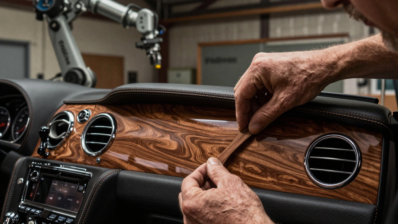 A craftsman's hands fitting a polished wood veneer into a luxury car interior in Crewe