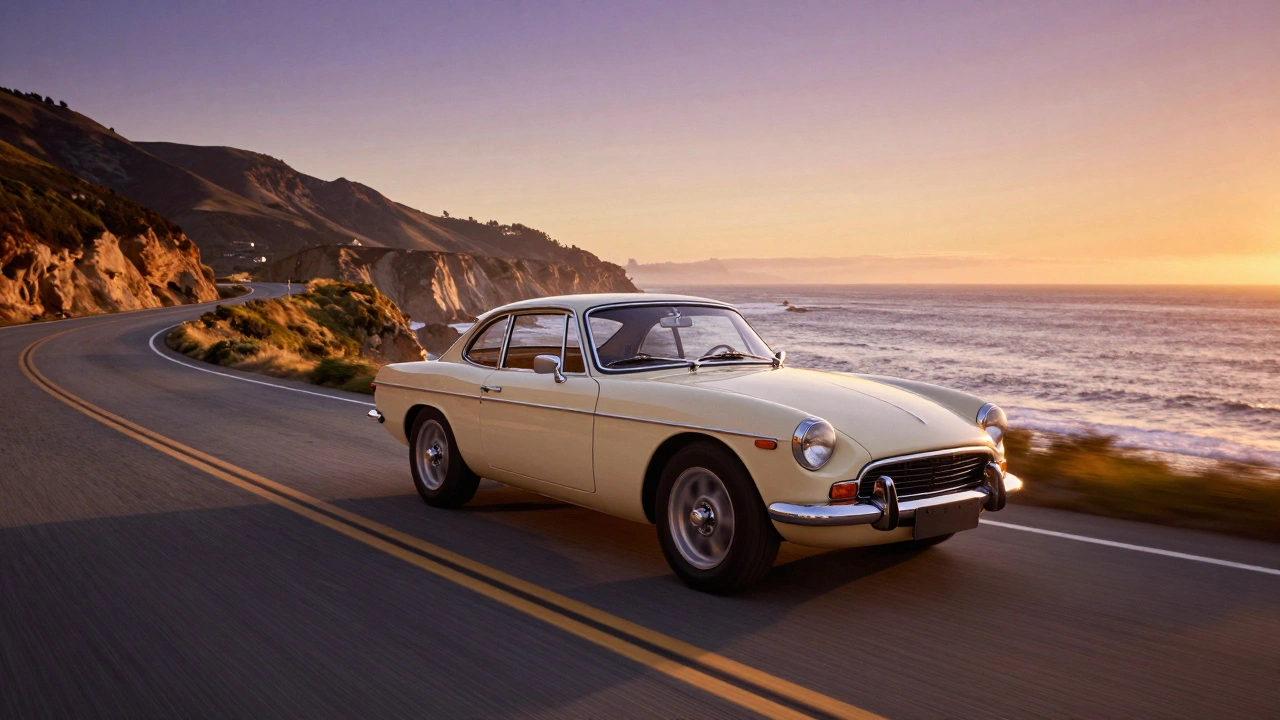 A cream Triumph Spitfire driving along a scenic California coastal road at sunset.