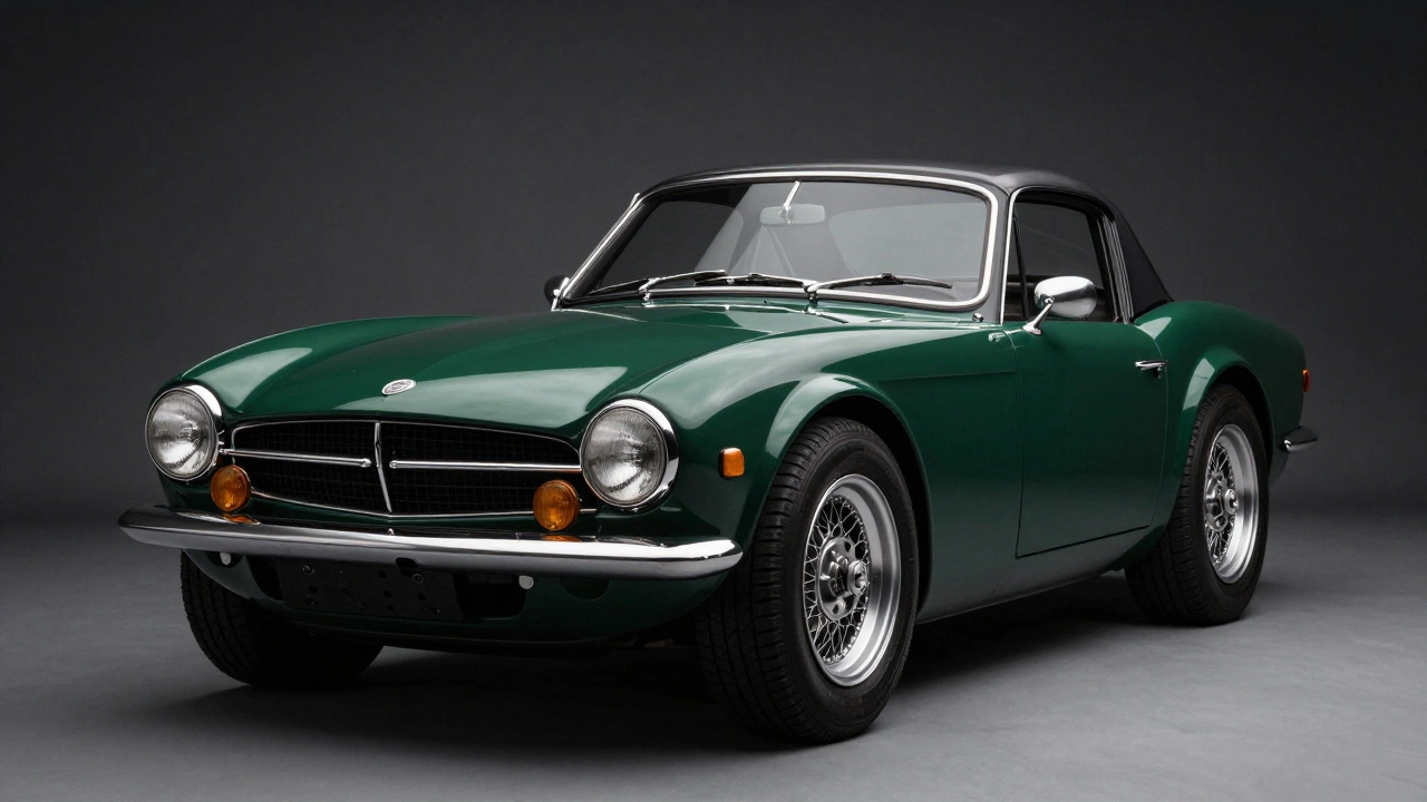 A dark green Triumph TR6 sports car in a dramatic studio setting.