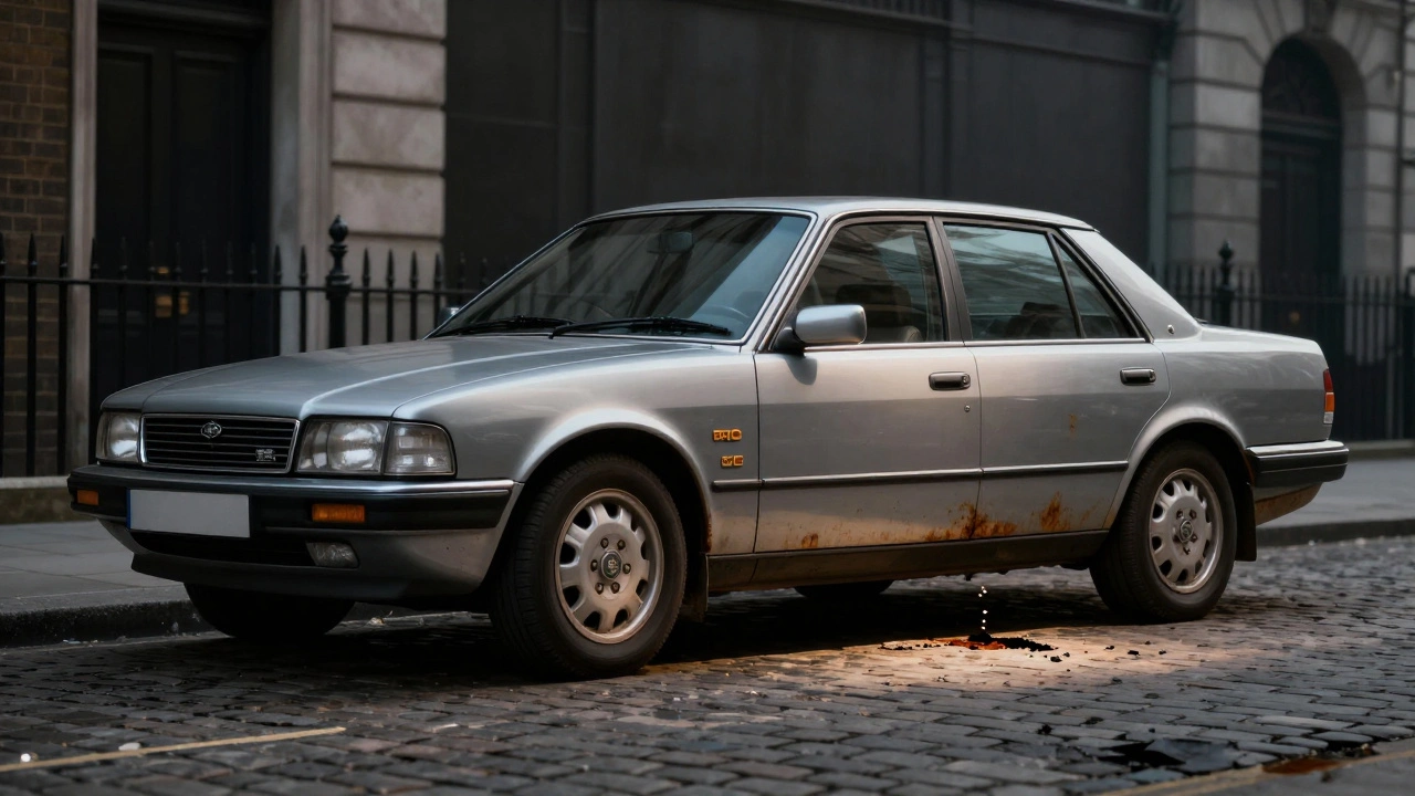 A faded silver Rover P6 on a cobblestone street symbolizing fading prestige