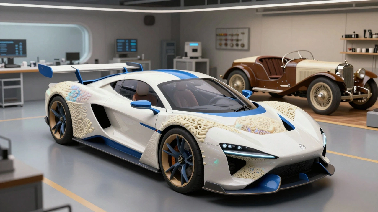 A futuristic workshop showcasing sustainable materials in a high-tech electric supercar