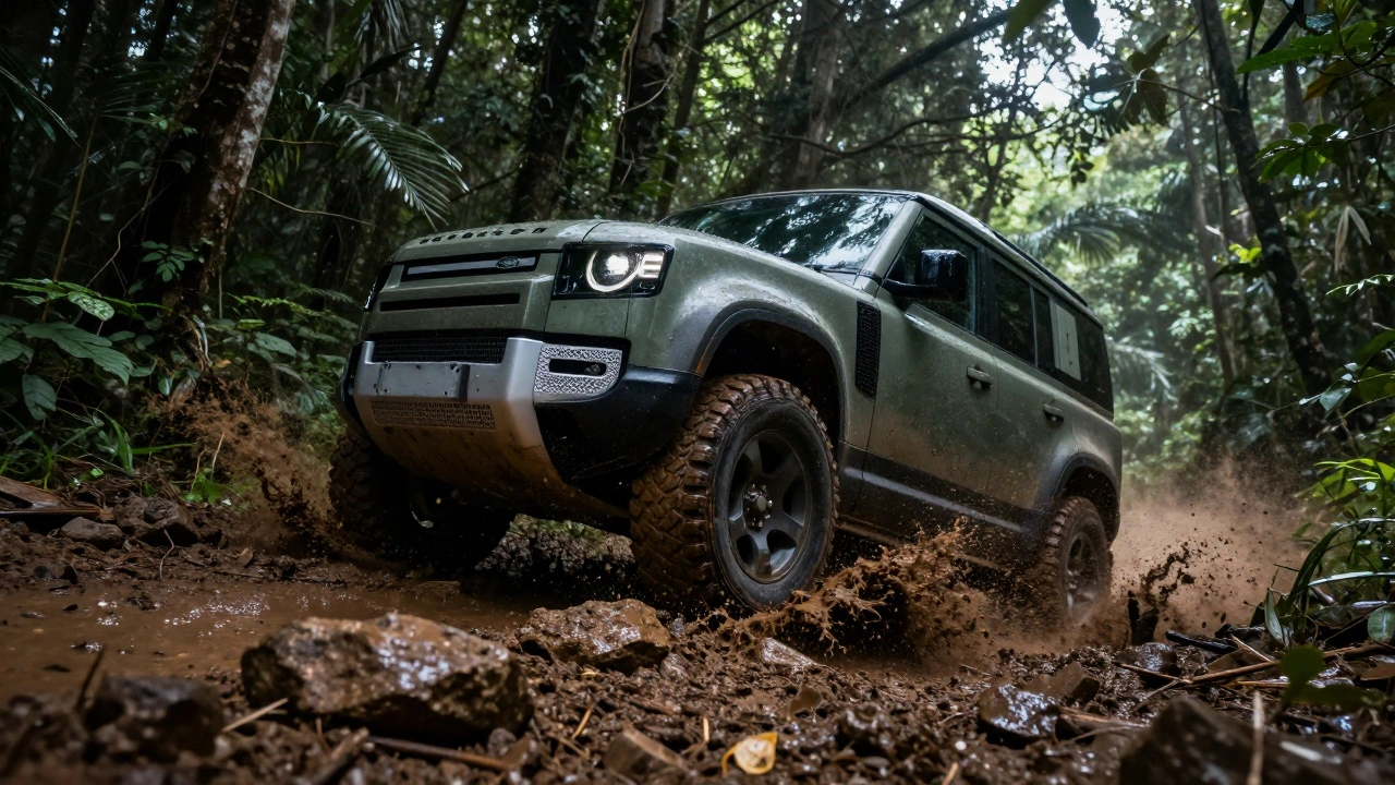 A Land Rover Defender driving through a muddy forest trail with raised air suspension.