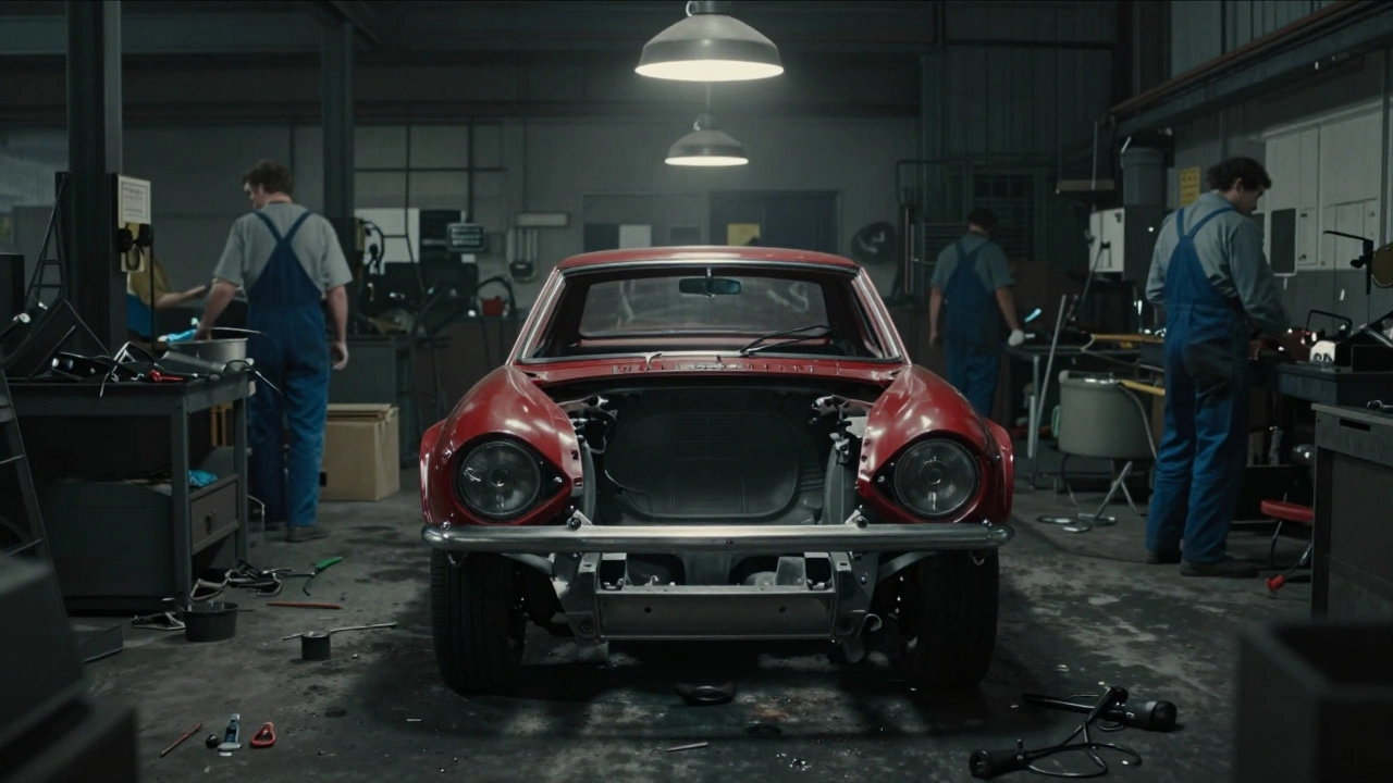 A partially assembled Triumph TR7 inside a gritty, dimly lit 1970s British car factory.