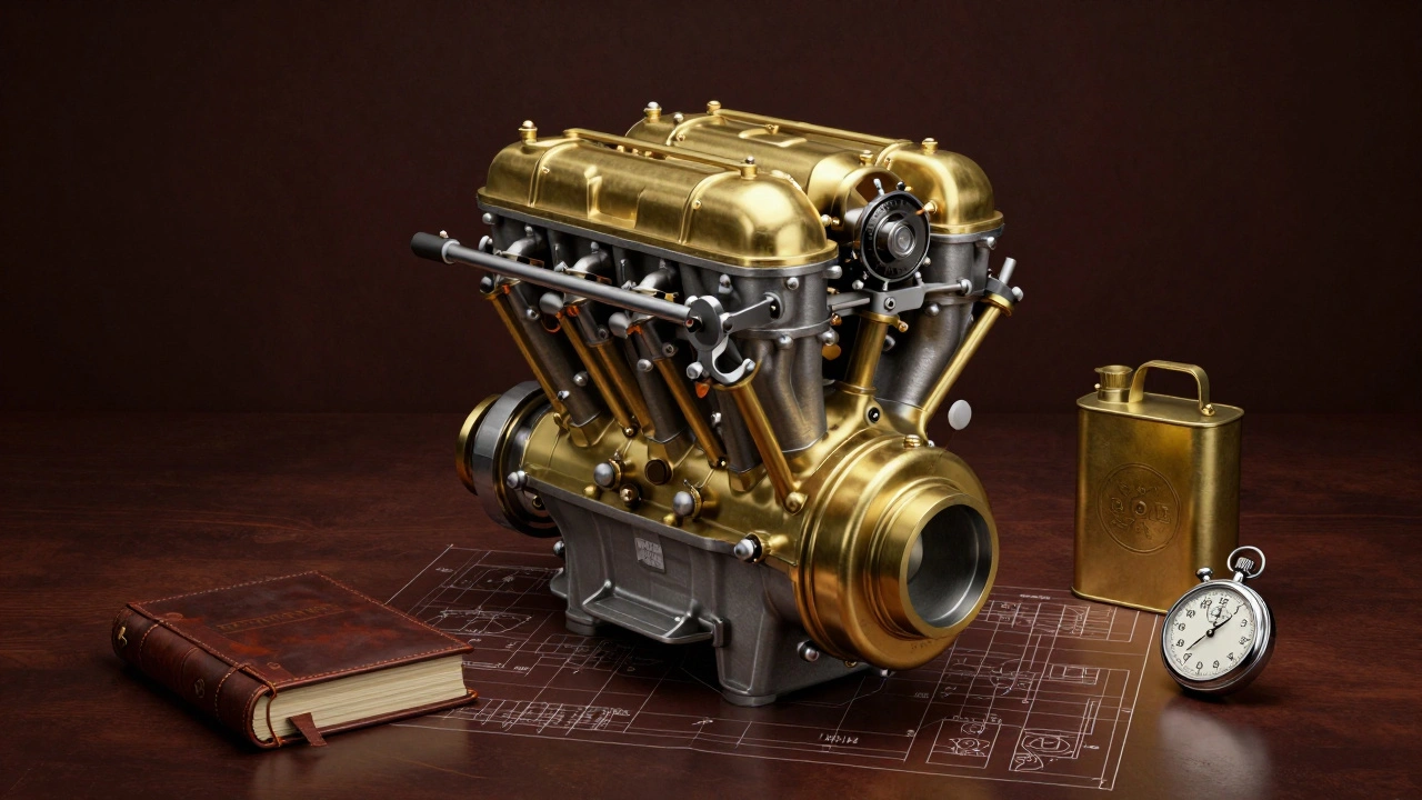 A polished brass and iron early internal combustion engine with vintage tools.