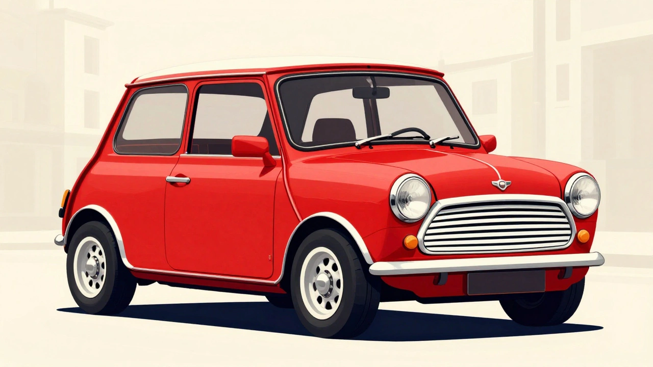 A red classic Mini showcasing its compact proportions and wheels pushed to the corners.