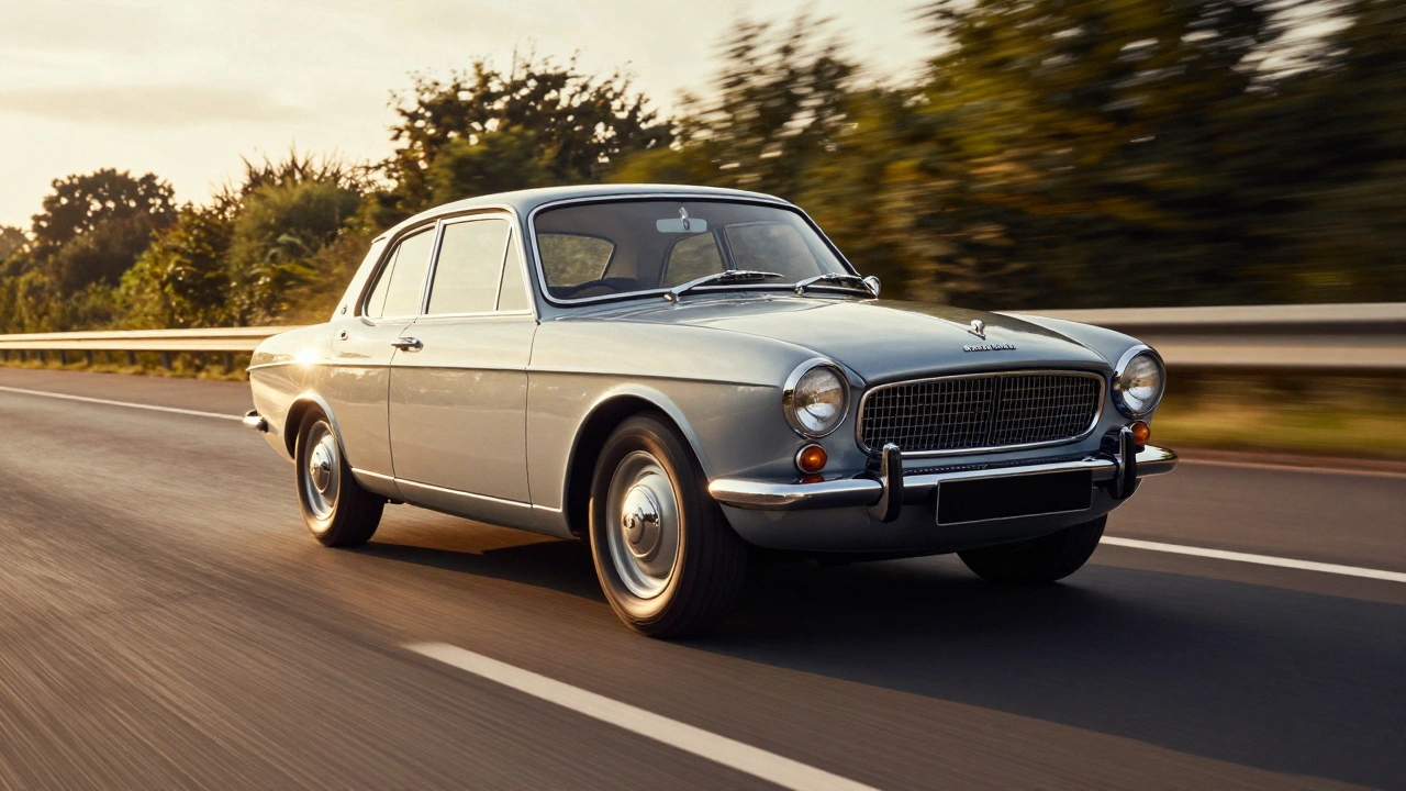 A Rover P6 driving on a 1960s British motorway during golden hour.