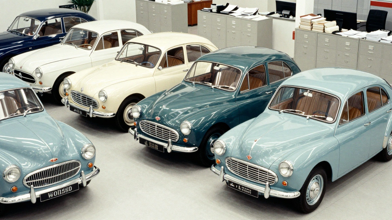 A row of similar 1950s British cars with different brand badges in a bright, corporate showroom.