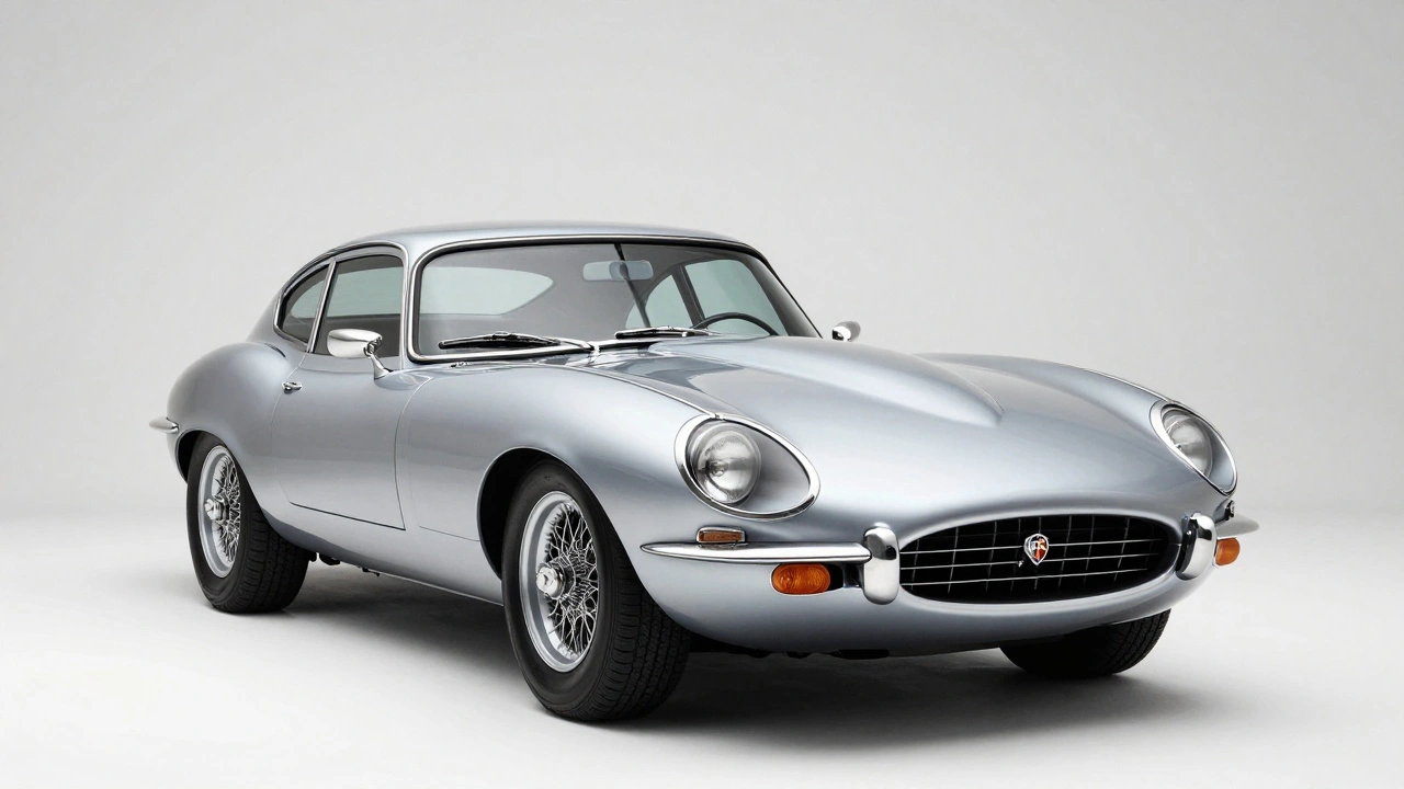 A sleek silver Jaguar E-Type showcasing its iconic long hood and elegant design.