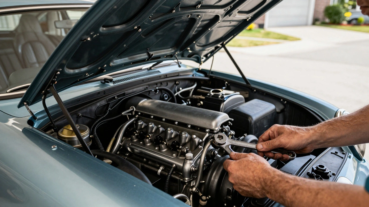 A Triumph Spitfire with its clamshell bonnet open for engine maintenance.