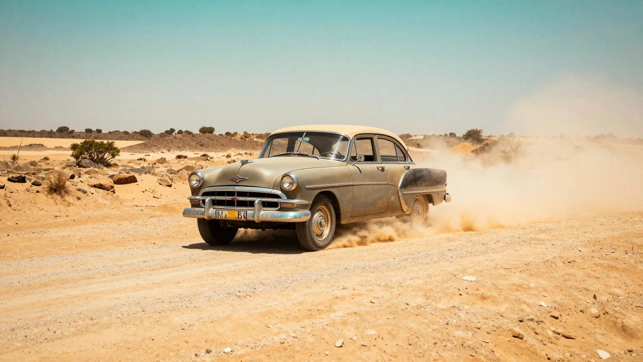 A Vauxhall Victor driving on a dusty road in a sunny, arid desert landscape.