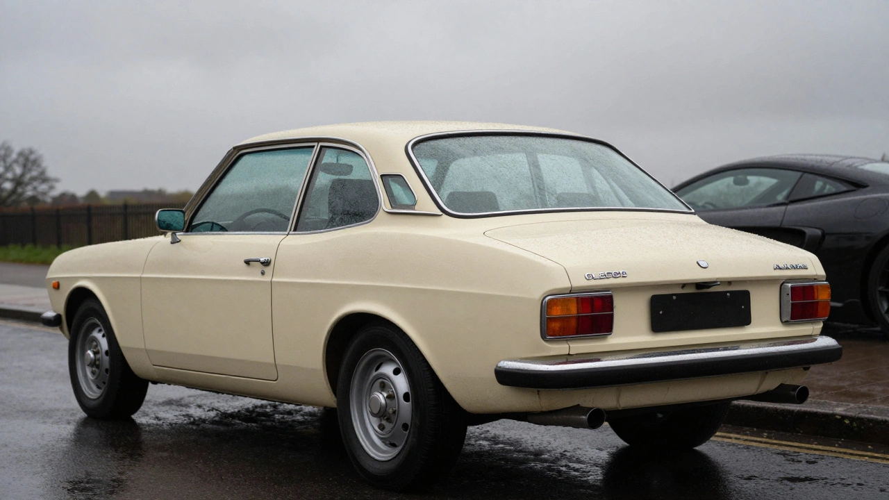 A vintage Austin Allegro on a rainy street, highlighting its bulbous rear design