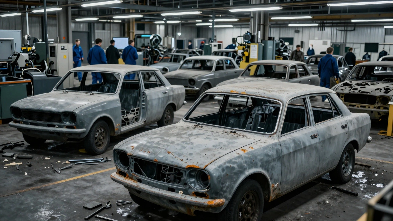 Abandoned, rusting car shells on a silent 1970s assembly line during a worker strike.