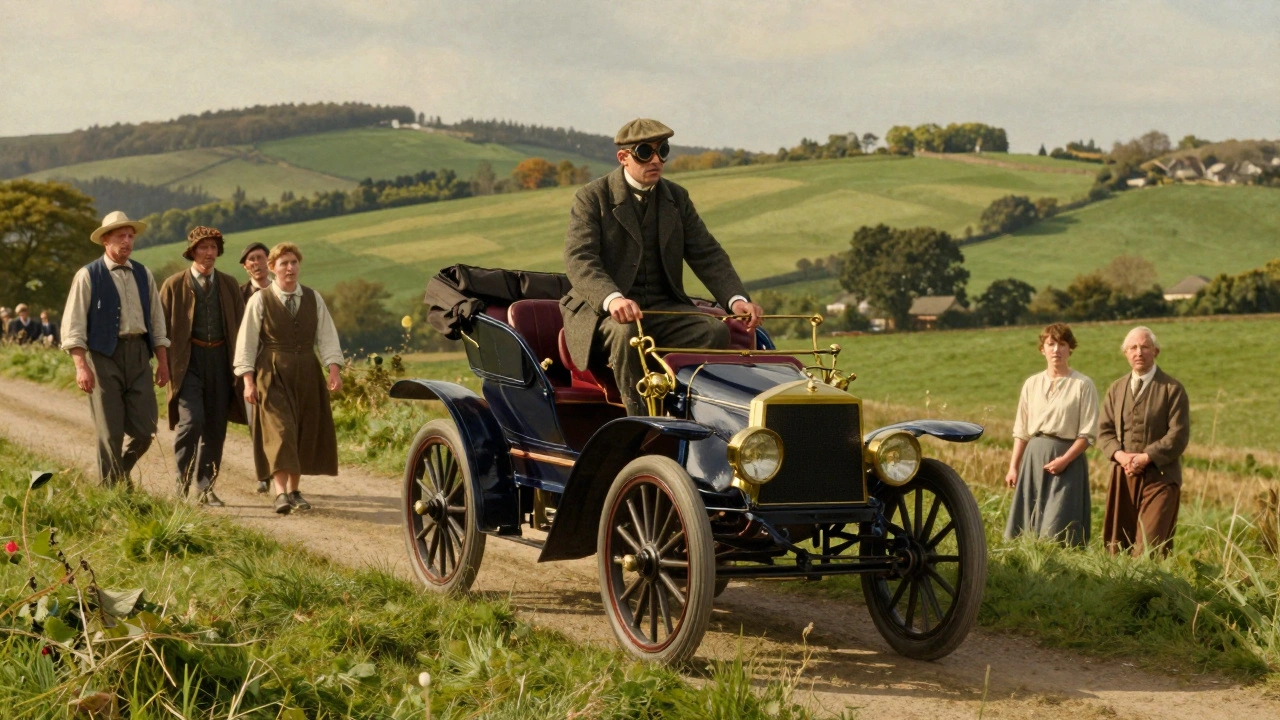 An aristocratic man in a vintage car climbing a grassy hill while villagers watch.
