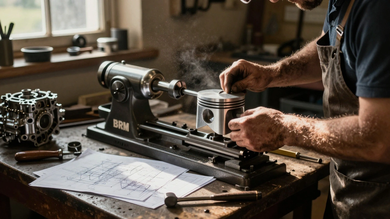 An artisan engineer machining a custom engine part in a traditional workshop.