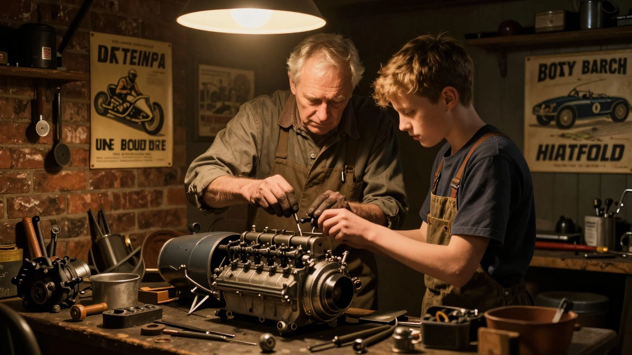 An elderly mechanic teaching a young man how to work on a vintage car engine in a garage