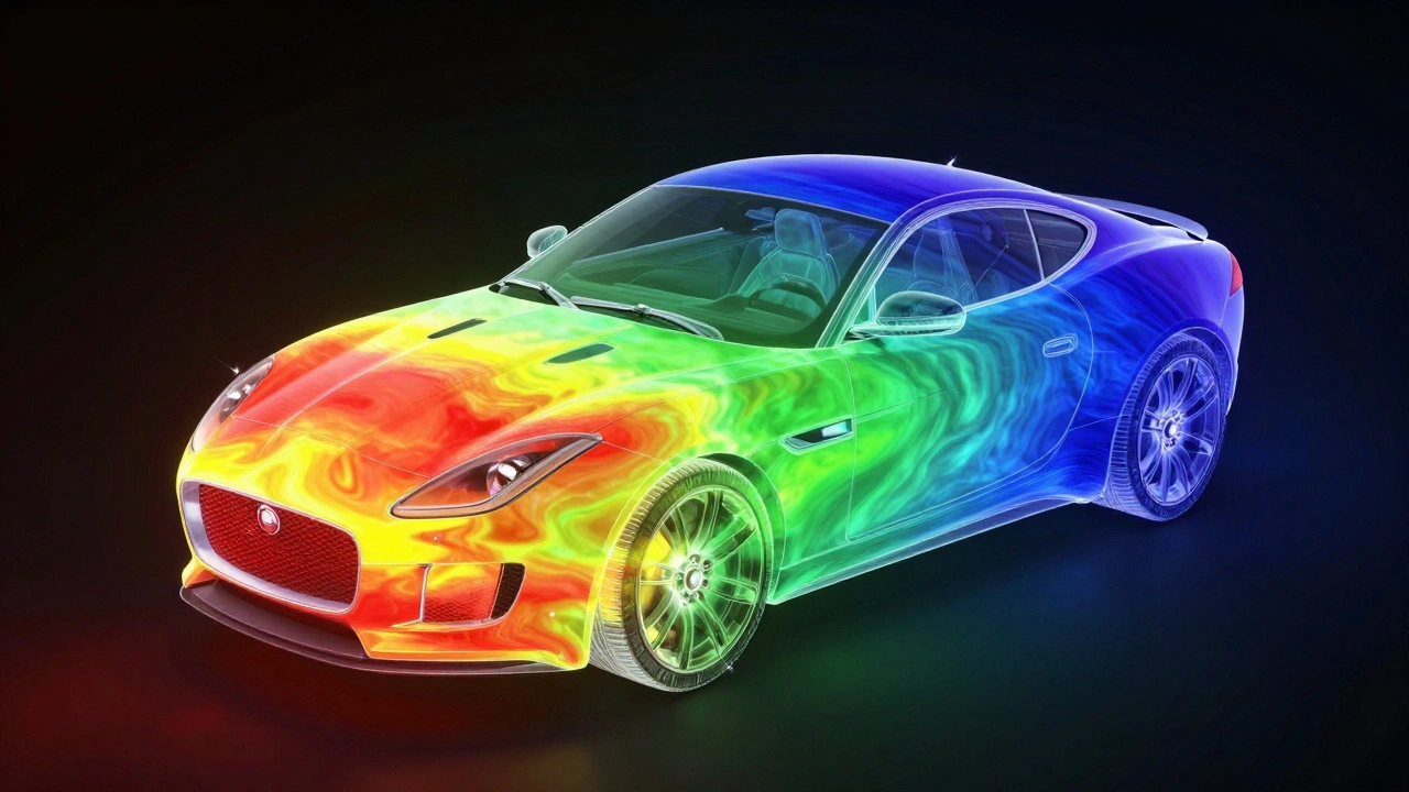 CFD simulation of a Jaguar car with a colorful pressure map showing aerodynamic airflow.