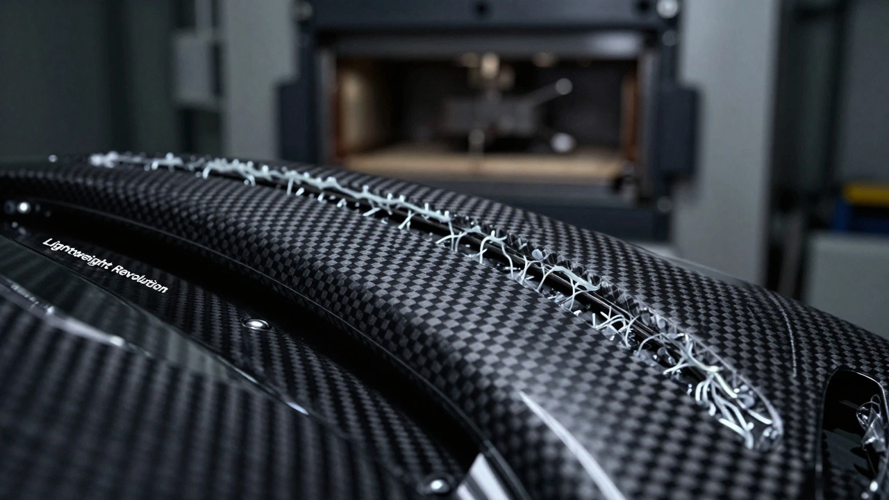 Close-up of a carbon fiber composite car part during the manufacturing process.