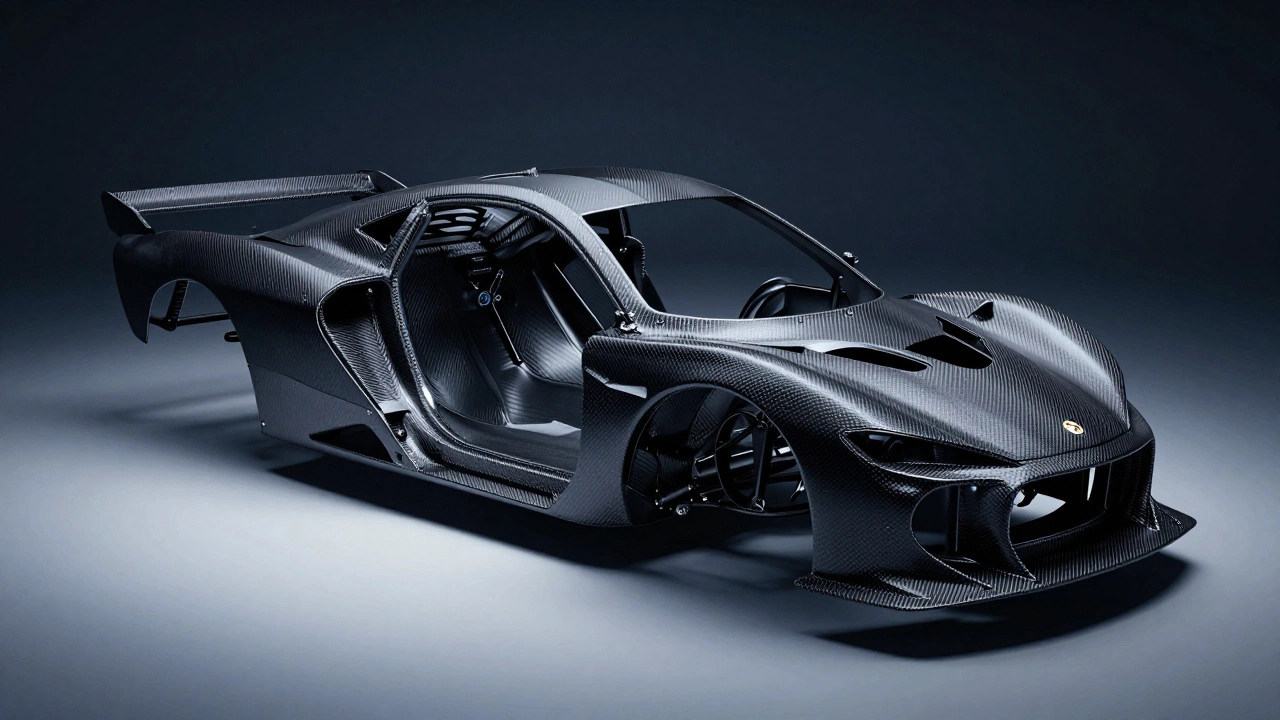 Close-up of a carbon fiber monocoque chassis shell in a studio setting