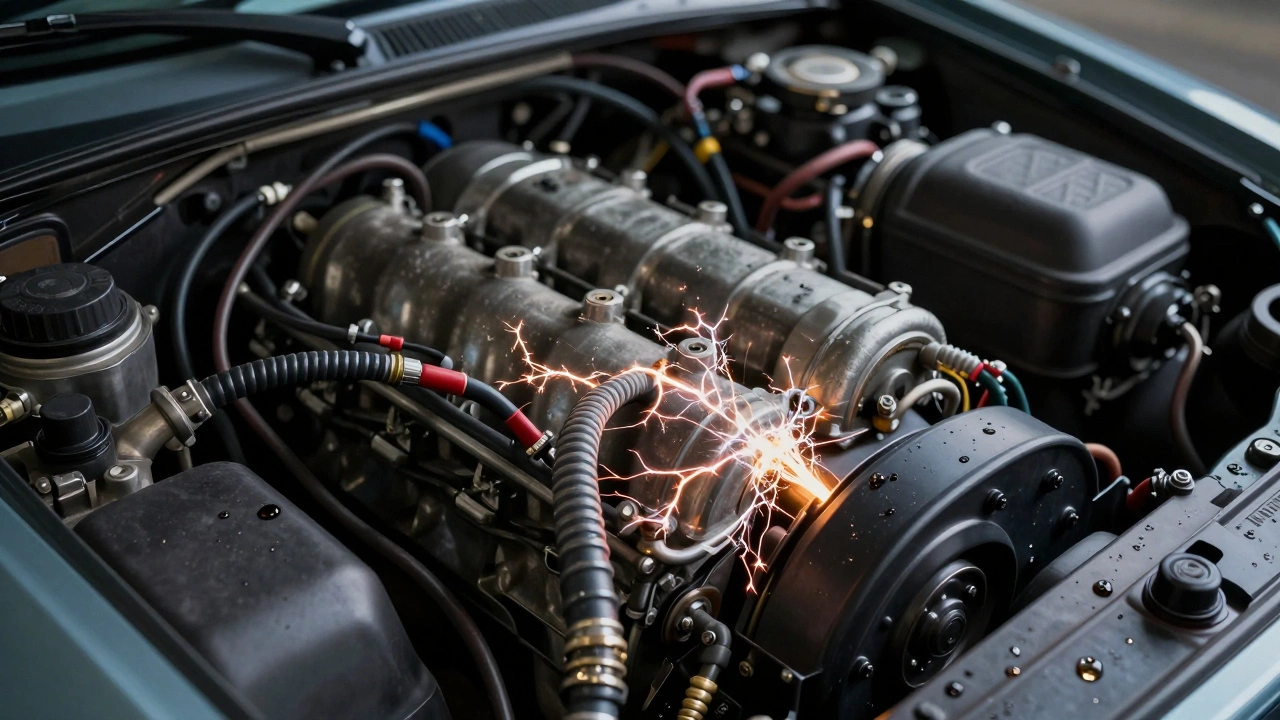 Close-up of a Triumph TR7 engine bay with sparks symbolizing electrical failures.