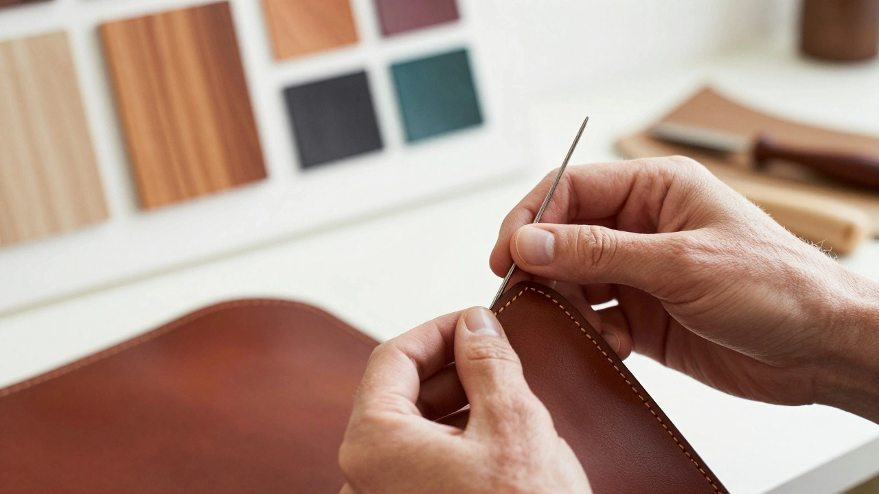 Close-up of an artisan hand-stitching premium leather in a bright, luxury workshop at Goodwood.