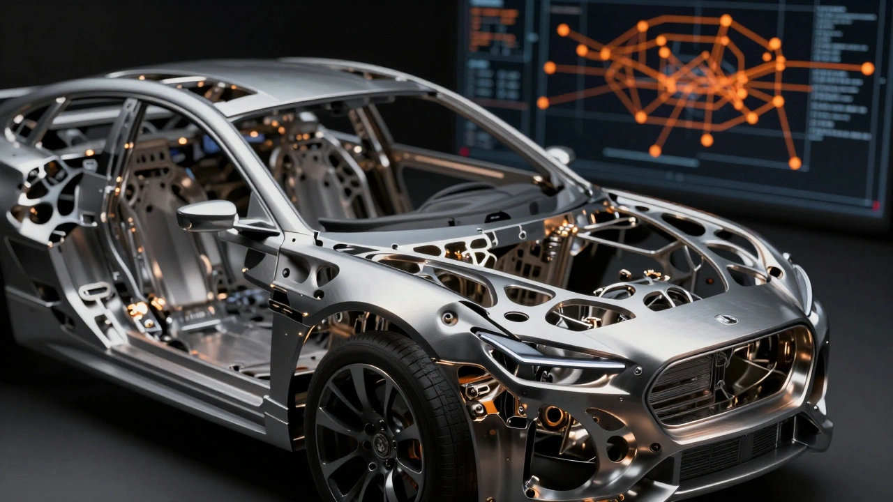 Close-up of an organic, bone-like titanium car part designed through topological optimization.