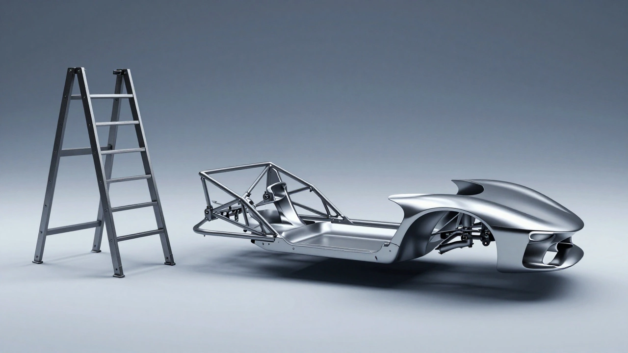 Comparison of car chassis evolution from ladder frame to space frame and monocoque.