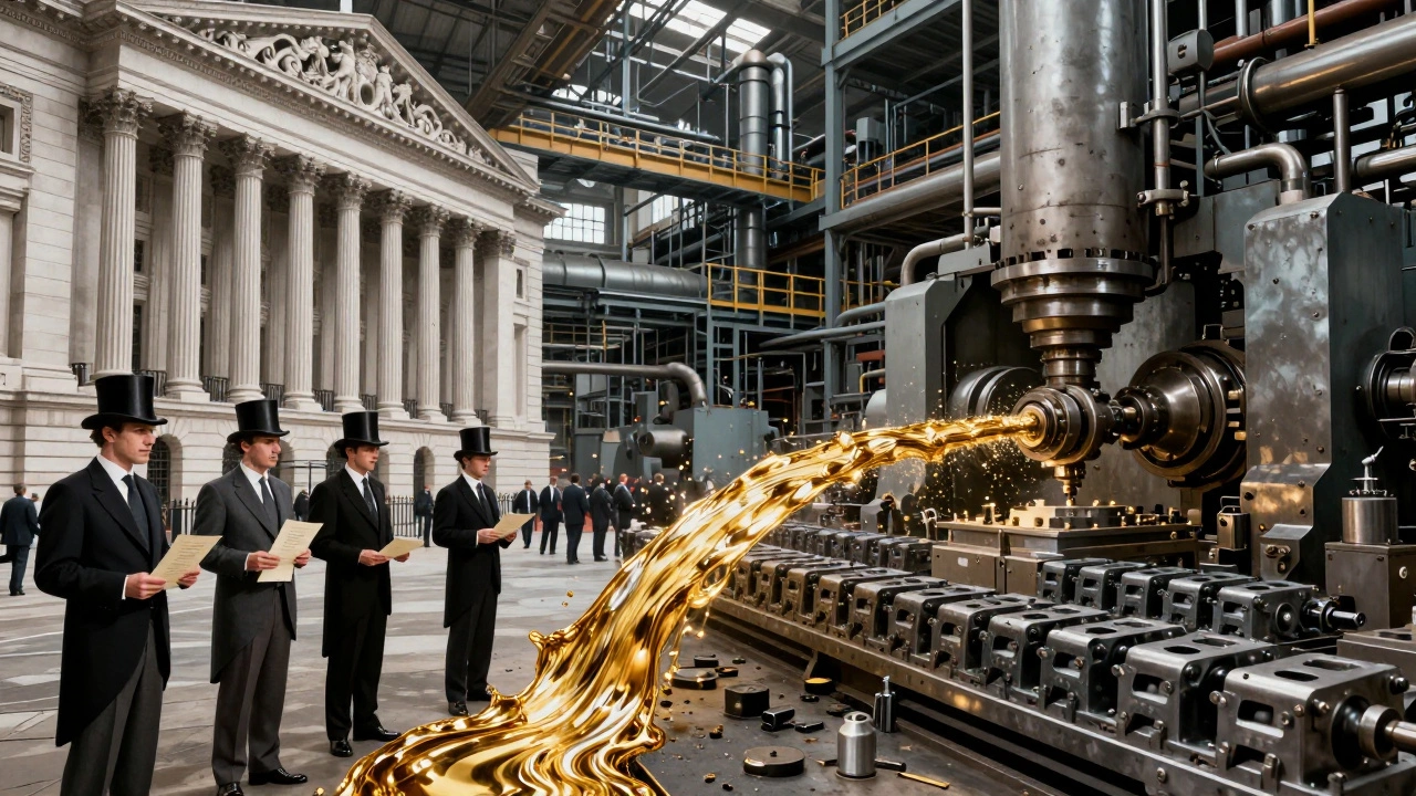 Conceptual art showing London financial capital fueling an industrial car factory.
