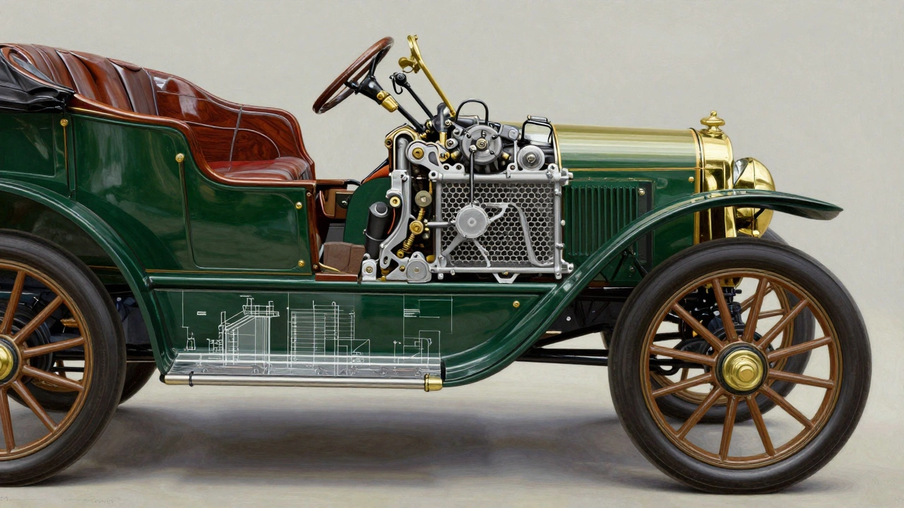 Conceptual cross-section of a vintage car showing British luxury bodywork and German mechanical internals.