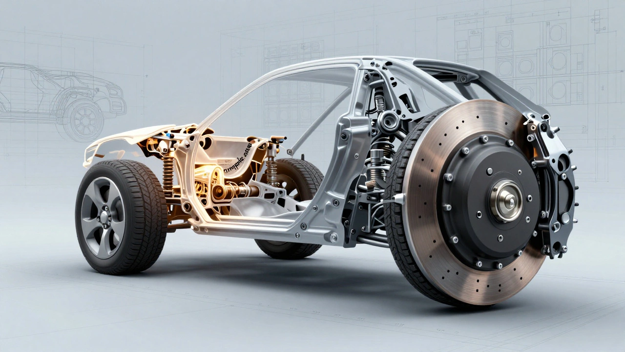 Conceptual illustration of Rover P6 crumple zones and disc brake engineering.