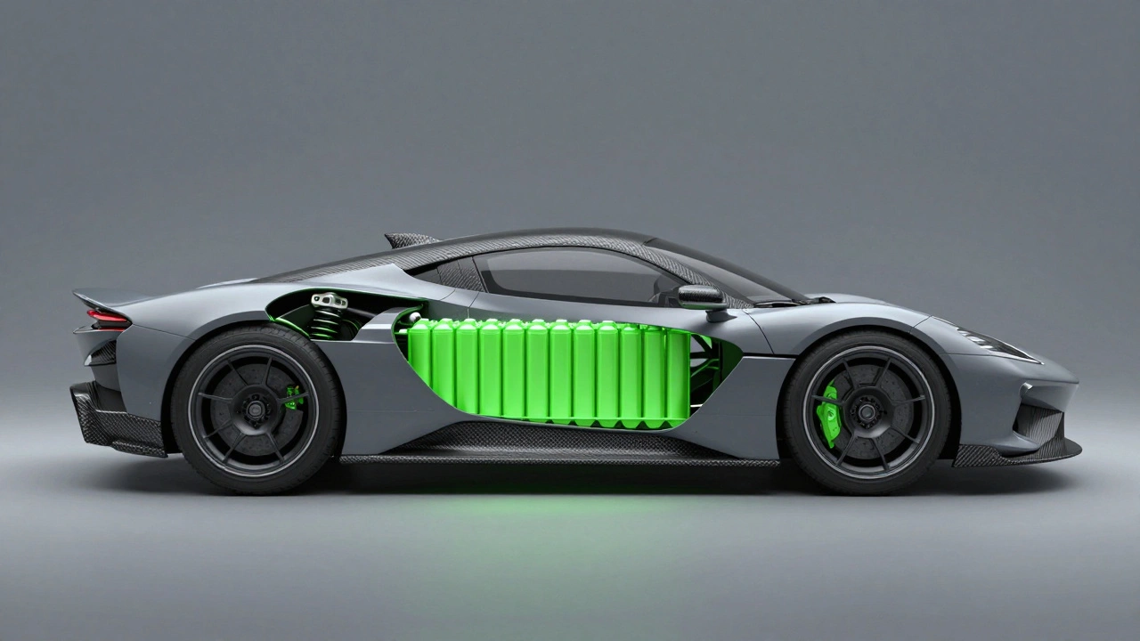 Cross-section of a performance EV showing the heavy battery pack and lightweight carbon fiber body.