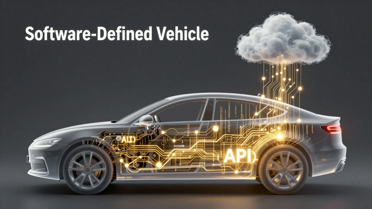 Digital illustration of a car filled with glowing code and connections to a cloud network.