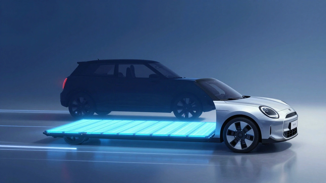 Evolution of car design from a classic Mini silhouette to a modern electric vehicle chassis.