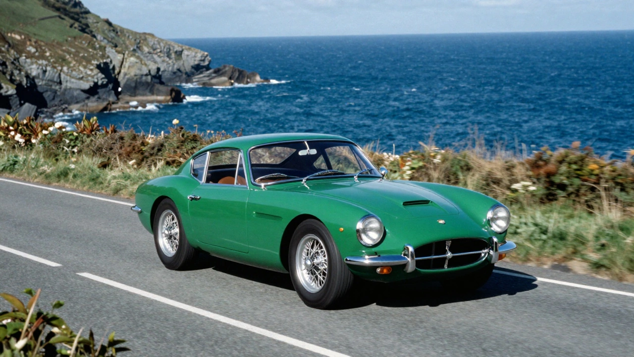 Green vintage British sports car driving on a winding coastal road