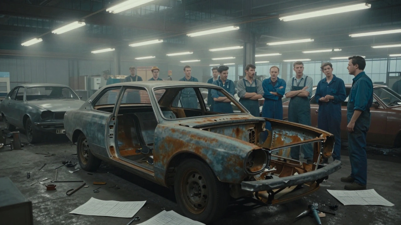 Industrial 1970s car assembly line with abandoned chassis and workers in dispute