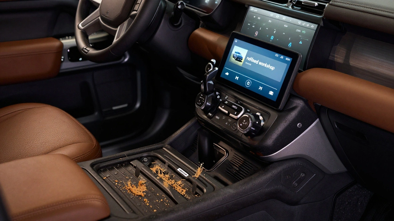 Interior detail of a Land Rover Defender showing rugged rubber floors and a digital screen.