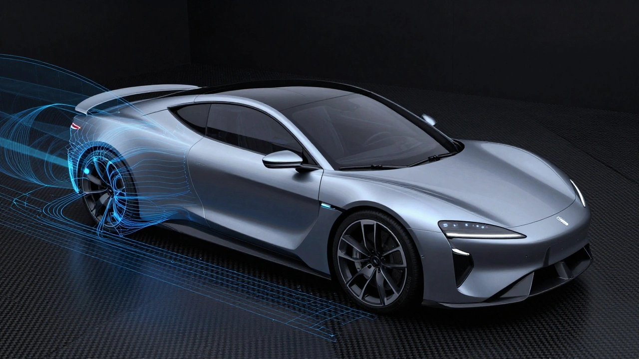 Modern electric supercar showing both a digital CAD wireframe and a finished sleek body