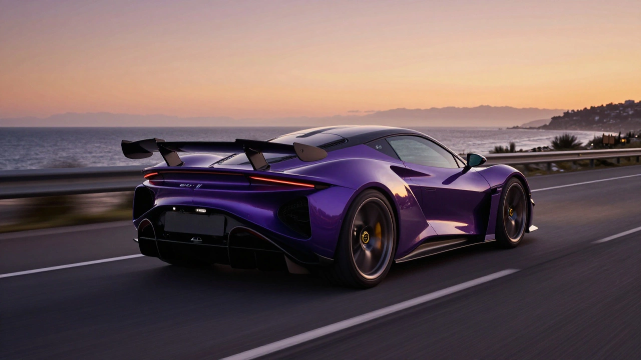 Rear view of a modern supercar showing the diffuser and active aero on a highway