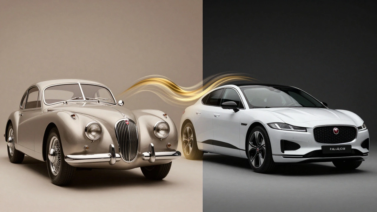 Side-by-side comparison of a vintage XK120 and a modern I-PACE showing design evolution.