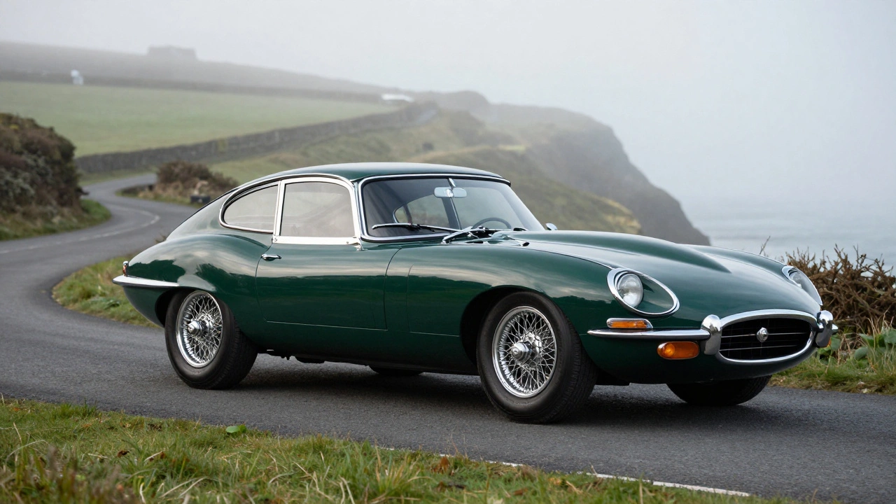 Side profile of a classic green Jaguar E-Type on a misty English coastal road